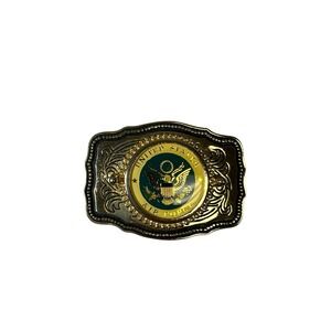 United States Air Force Belt Buckle Military Western Scroll Vtg 80s Gold Color